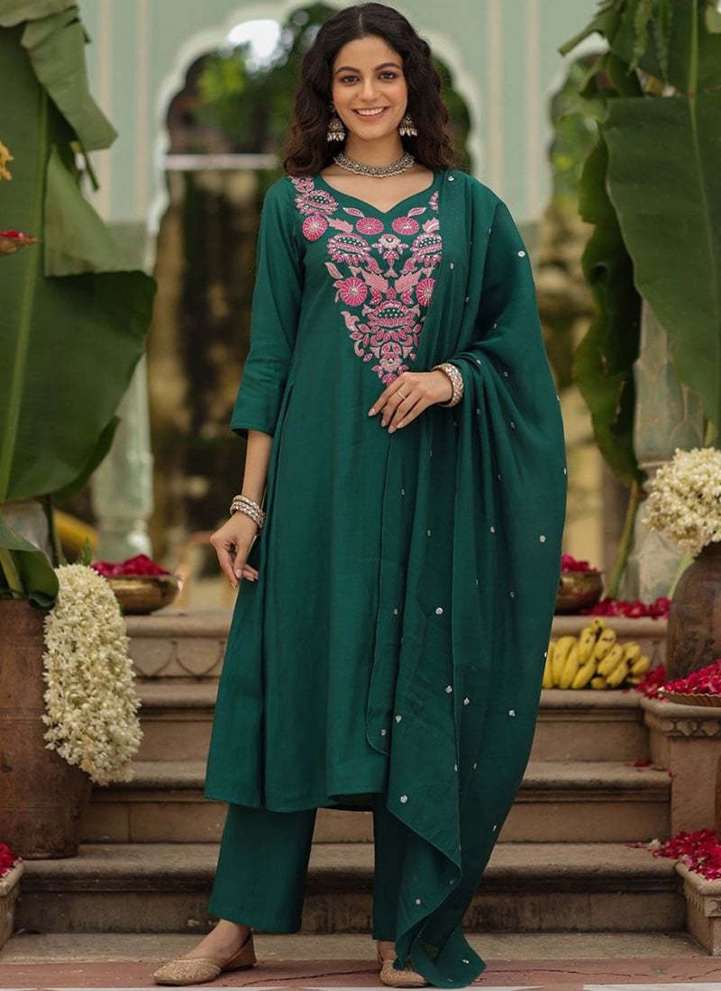 Green Viscose Rayon Embroidered Sequin Straight Suit After Six Wear