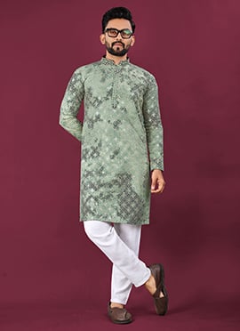 Green Viscose Rayon Lucknowi Chikankari Sequins Kurta Pyjama