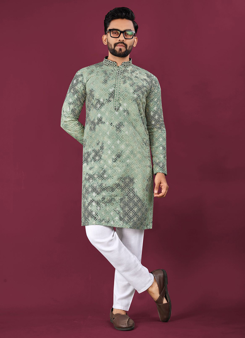 Green Viscose Rayon Lucknowi Chikankari Sequins Kurta Pyjama Festive Wear
