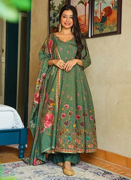 Green Viscose Rayon Printed Anarkali Suit