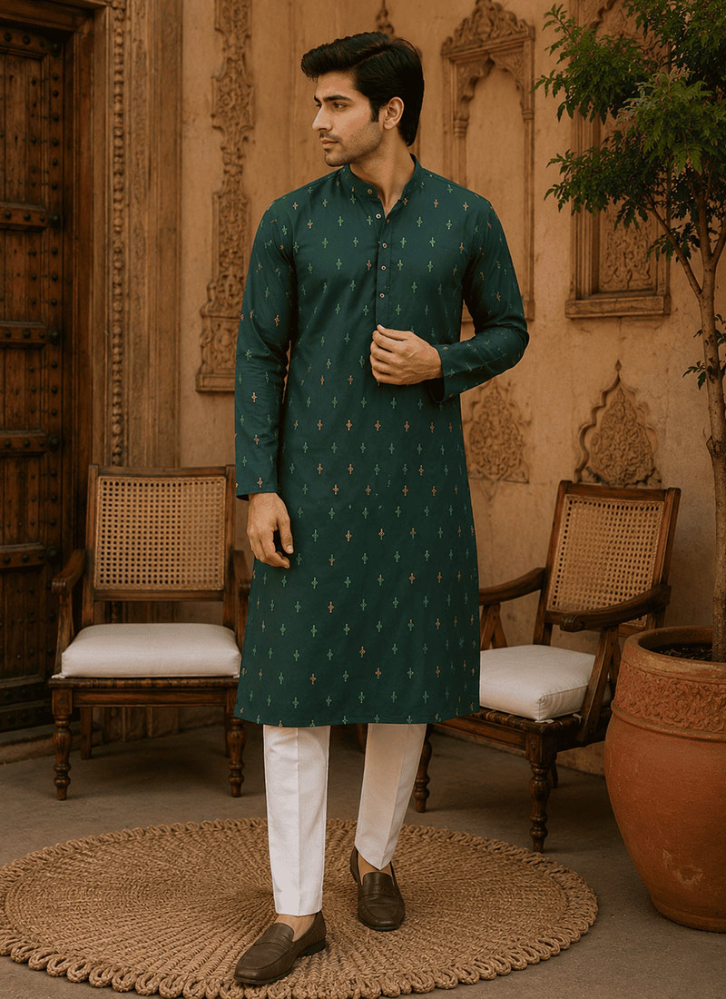 Green Viscose Rayon Printed Kurta For Men