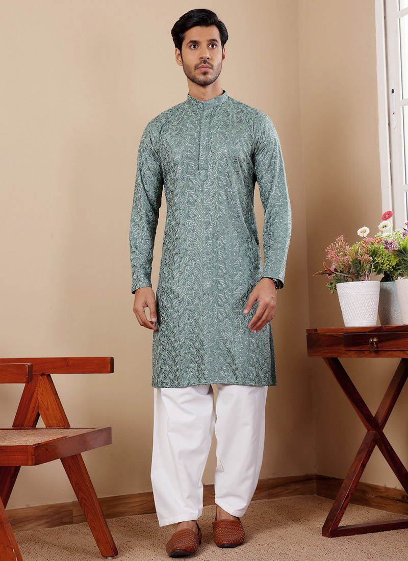 Green Viscose Sequins And Embroidered Thread Work Kurta Pyjama Festive Wear