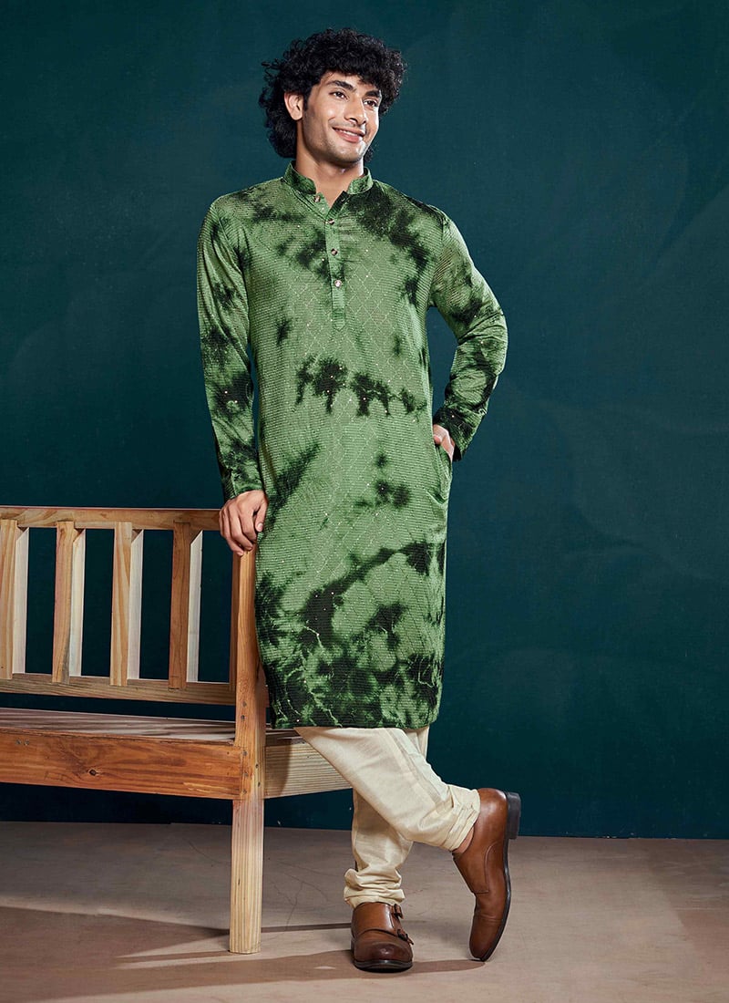 Green Viscose Sequins Tie And Dye Print Kurta Pyjama Festive Wear