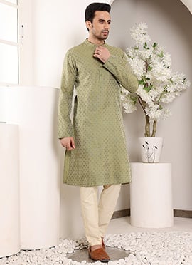 Green Viscose Silk Embroidered Kurta For Men