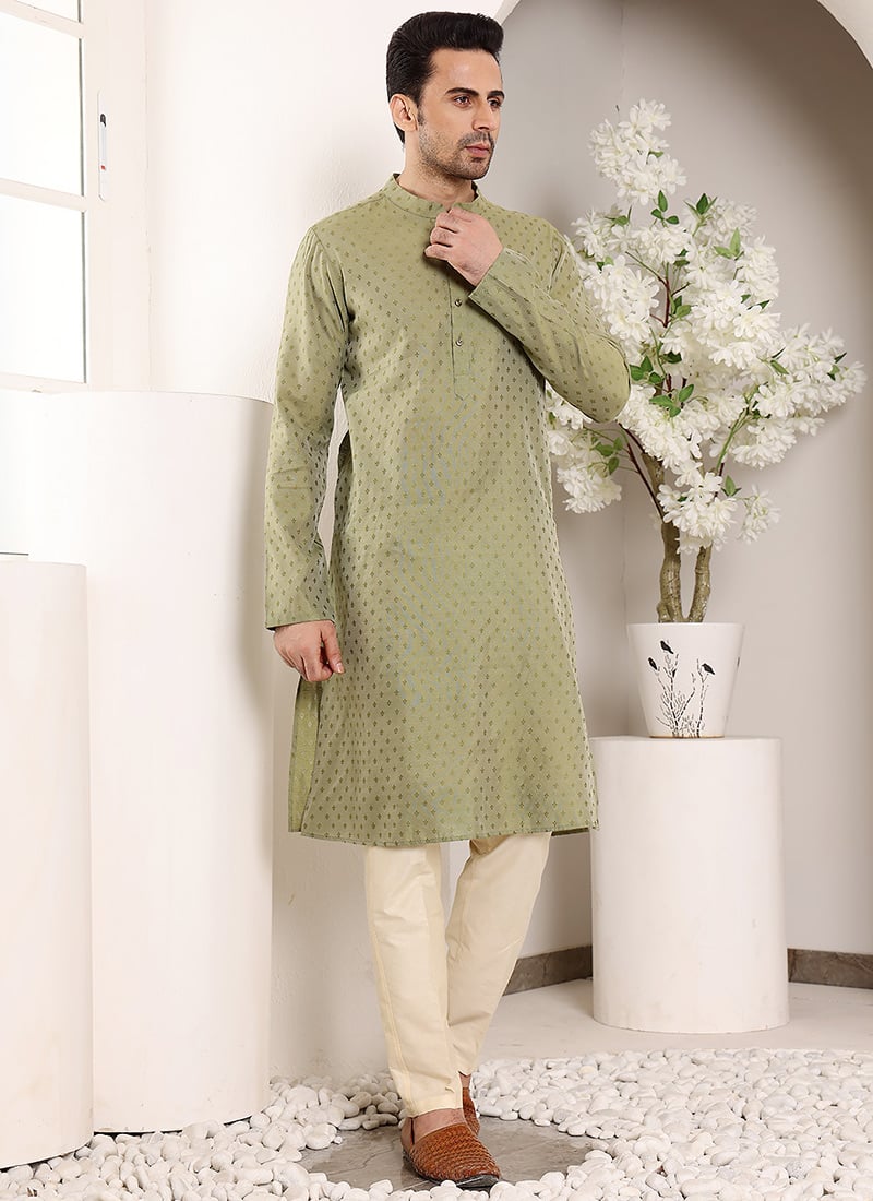 Green Viscose Silk Embroidered Kurta For Men