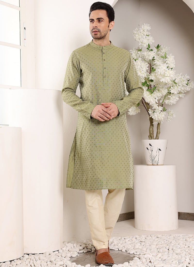 Green Viscose Silk Embroidered Kurta Pyjama Festive Wear