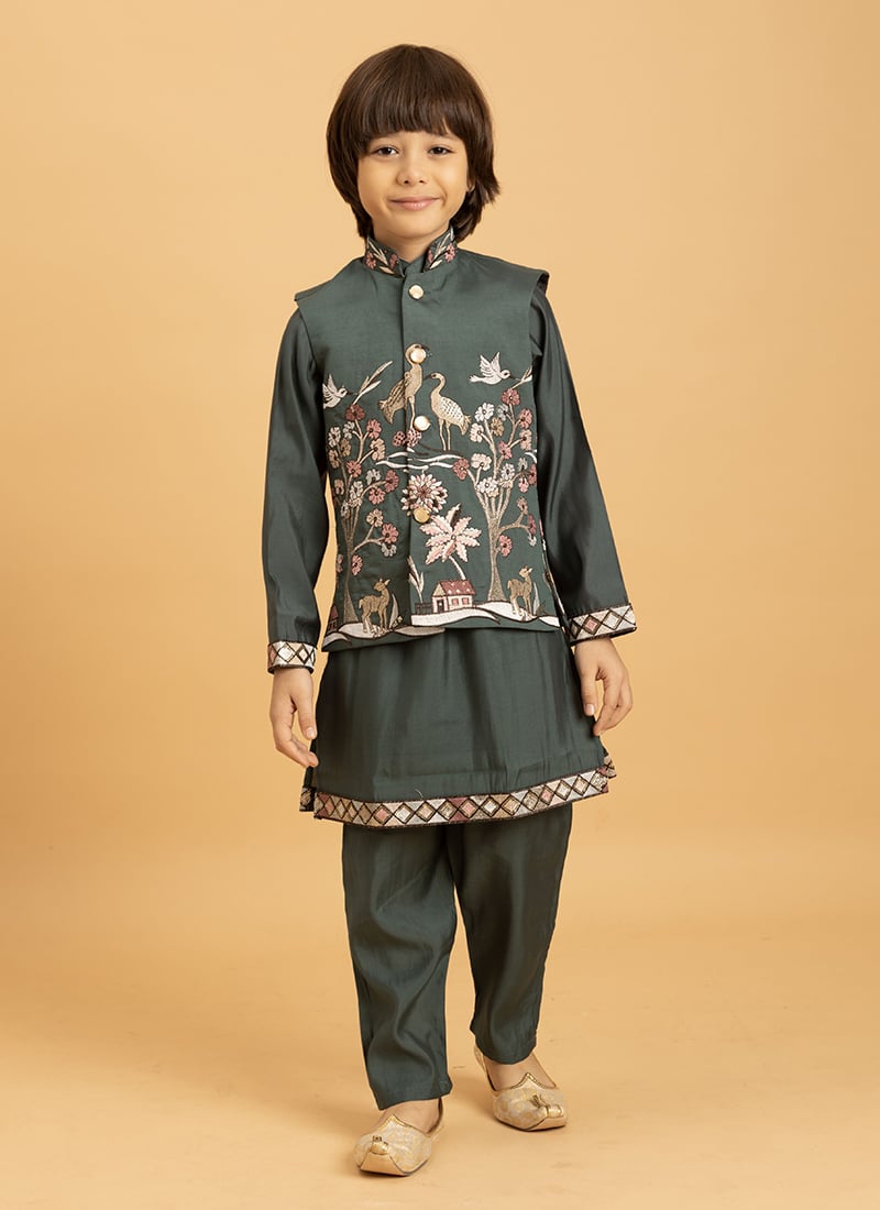 Green Viscose Silk Embroidered Sequins Kids Boys Bandi Set Festive Wear