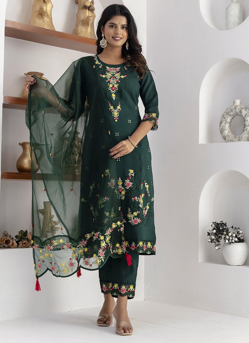 Green Viscose Silk Embroidered Sequins Straight Pant Suit Festive Wear