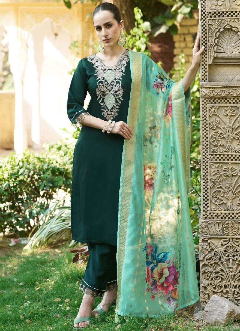 Green Viscose Straight Pant Suit Embossed With Embroidered And Sequins After Six Wear