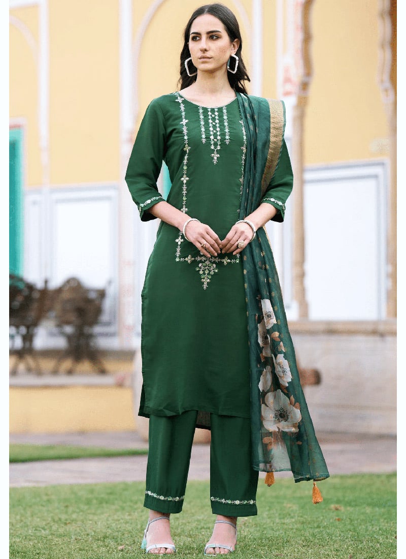 Green Viscose Straight Pant Suit Embossed With Embroidered For Women After Six Wear