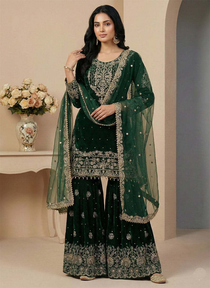 Green Viscose Velvet Embroidered Sequins Sharara Suit Festive Wear