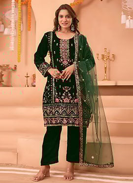 Green Viscose Velvet Embroidered Sequins Straight Pant Suit
