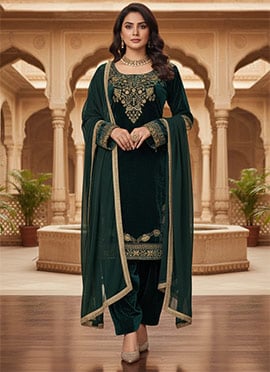 Green Viscose Velvet Sequin Salwar Suit