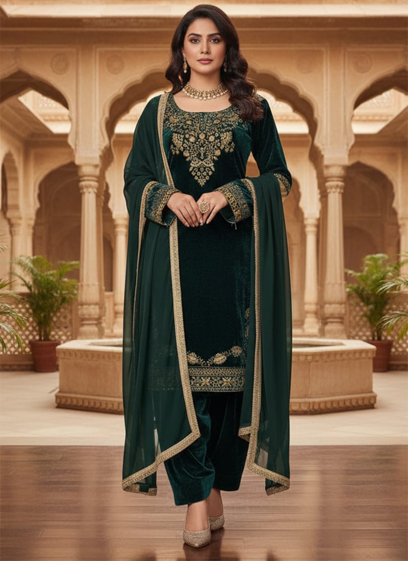 Green Viscose Velvet Sequin Salwar Suit Festive Wear