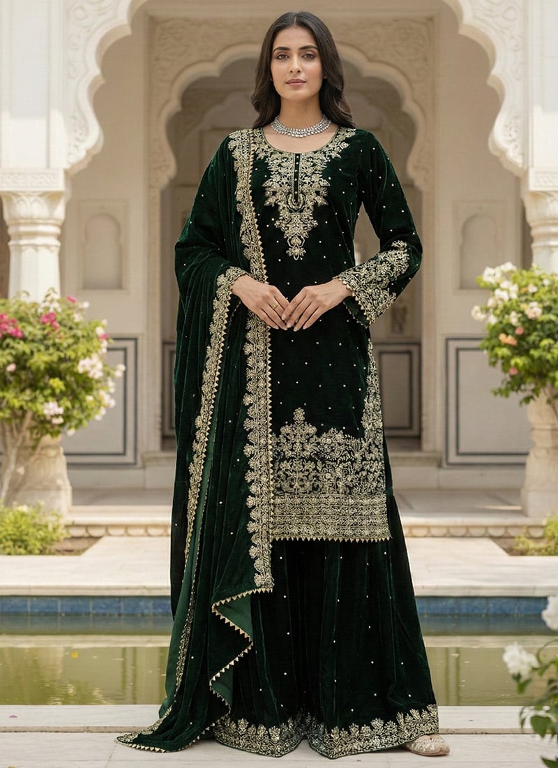 Green Viscose Velvet Sequins Embroidered Moti Thread Palazzo Suit Festive Wear
