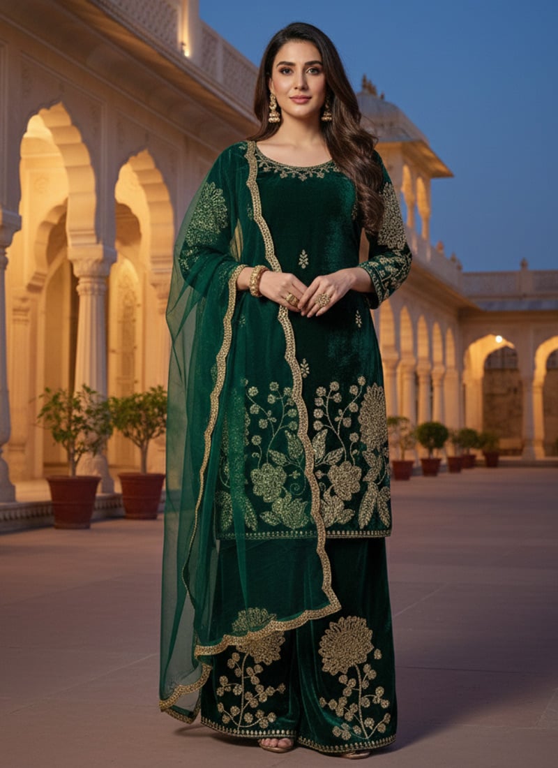 Green Viscose Velvet Zari Embroidered Sequins Palazzo Suit Festive Wear