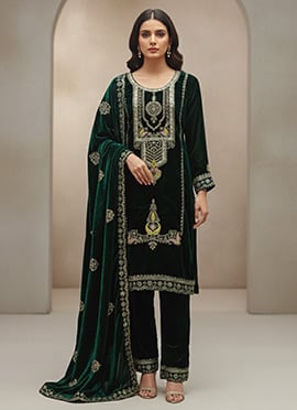 Green Viscose Velvet Zari Embroidered Sequins Straight Pant Suit