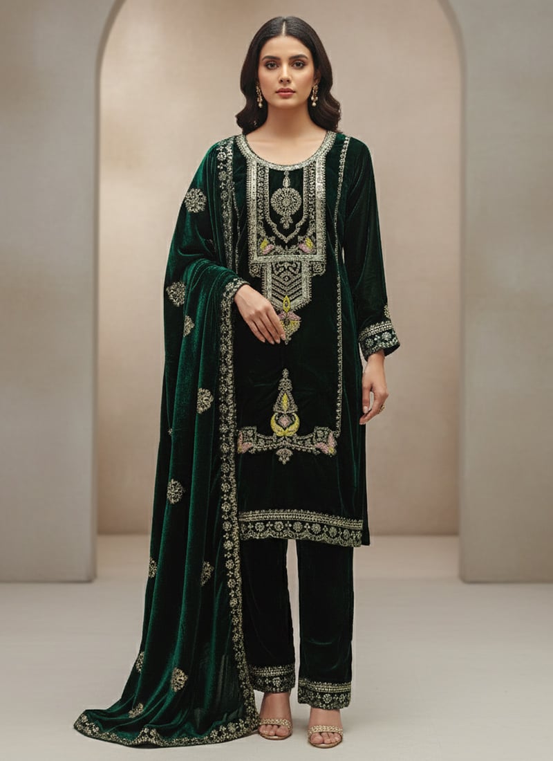 Green Viscose Velvet Zari Embroidered Sequins Straight Pant Suit Festive Wear