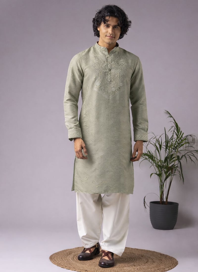 Green Viscose Woven Embroidered Kurta Pyjama Festive Wear