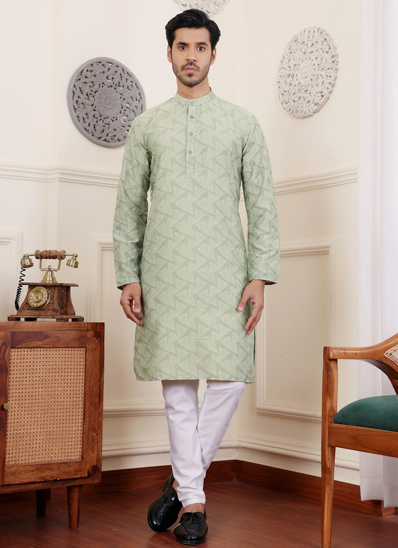 Green Viscose Woven Jacquard Kurta Pyjama Festive Wear