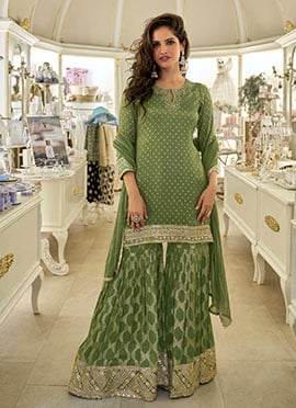 Green Viscose Zari Embroidered Sequins Sharara Suit