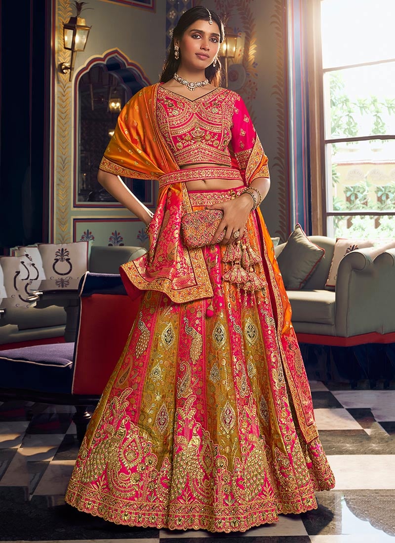 Green Zari Embroidered Sequins Banarasi Silk Lehenga Wedding Wear