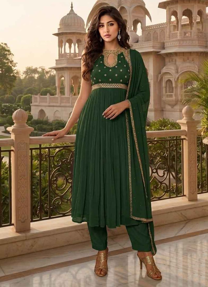 Green Zari Sequins Georgette Anarkali Suit Wedding Wear