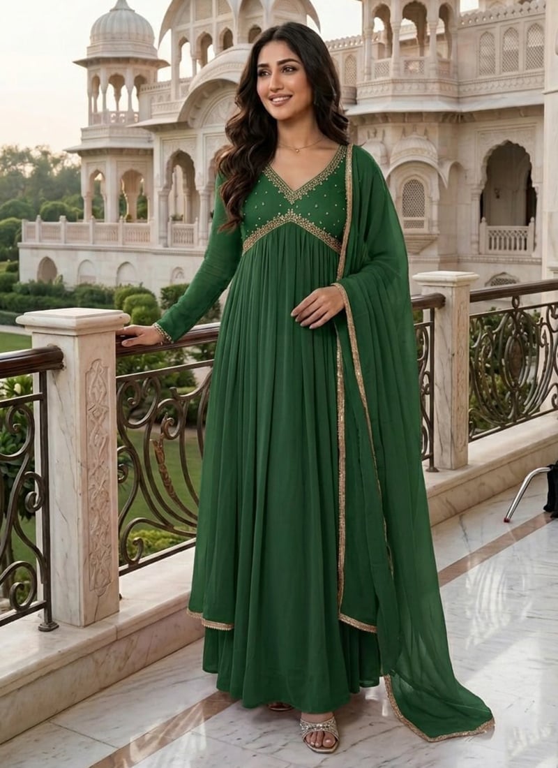 Green Zari Sequins Georgette Anarkali Suit Wedding Wear