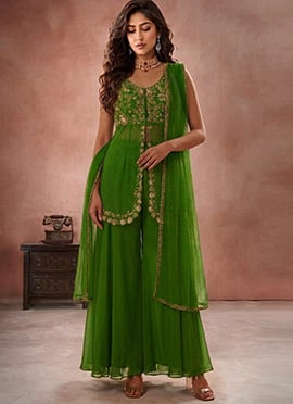 Green Zari Sequins Hand Embroidered Georgette Sharara Suit