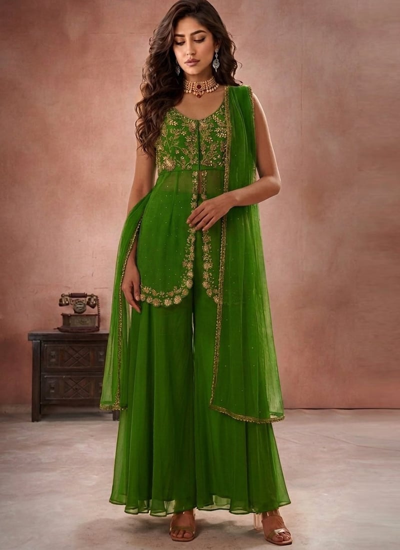 Green Zari Sequins Hand Embroidered Georgette Sharara Suit Festive Wear