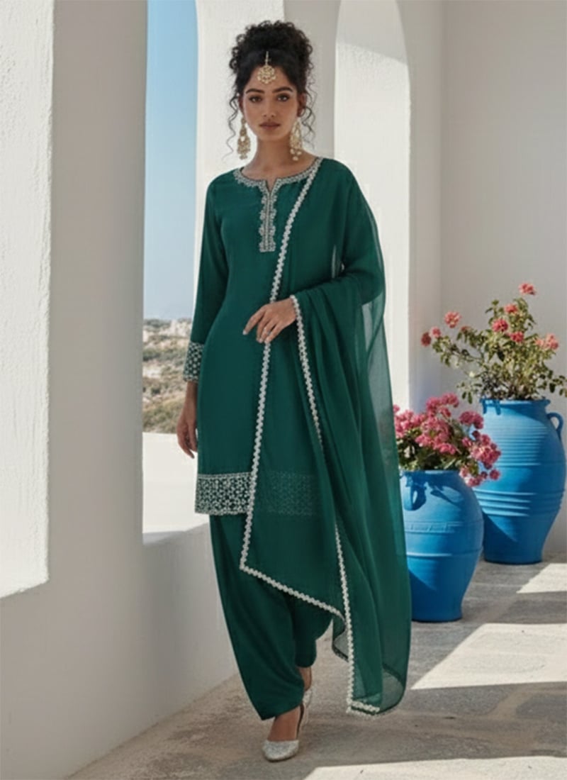 Green Zari Sequins Silk Salwar Suit Festive Wear