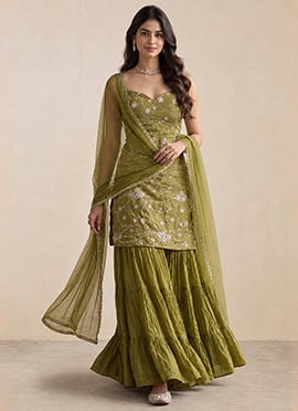 Green Zari Sequins Silk Sharara Suit