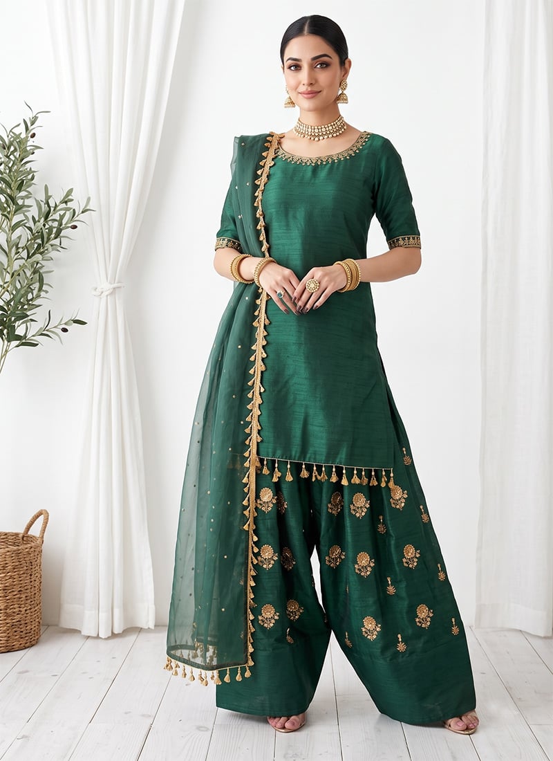 Green Zari Silk Palazzo Suit Festive Wear