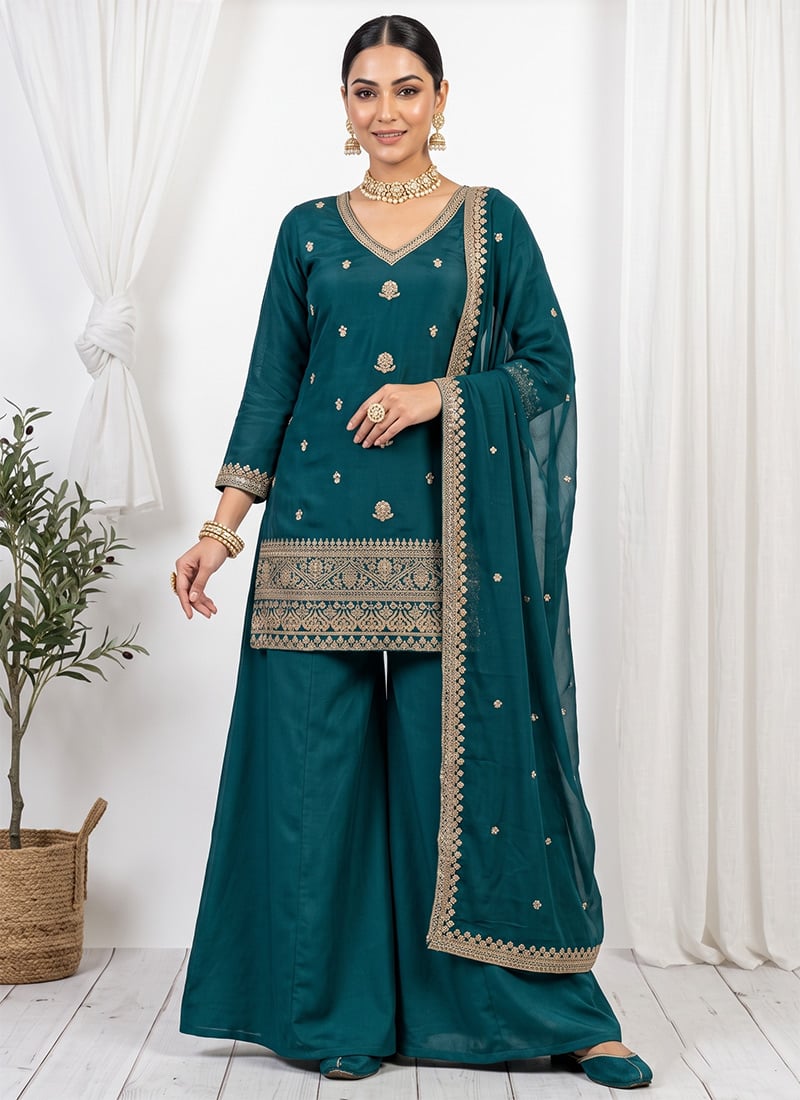 Green Zari Silk Palazzo Suit Festive Wear