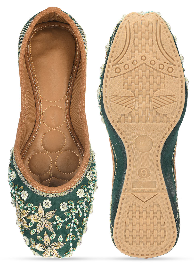 Green Zari Zardosi Sequins With Moti And Stone Work Juti