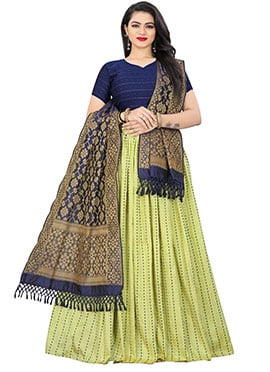 GreenTussar Silk Umbrella Lehenga With Navy Blue Dupatta