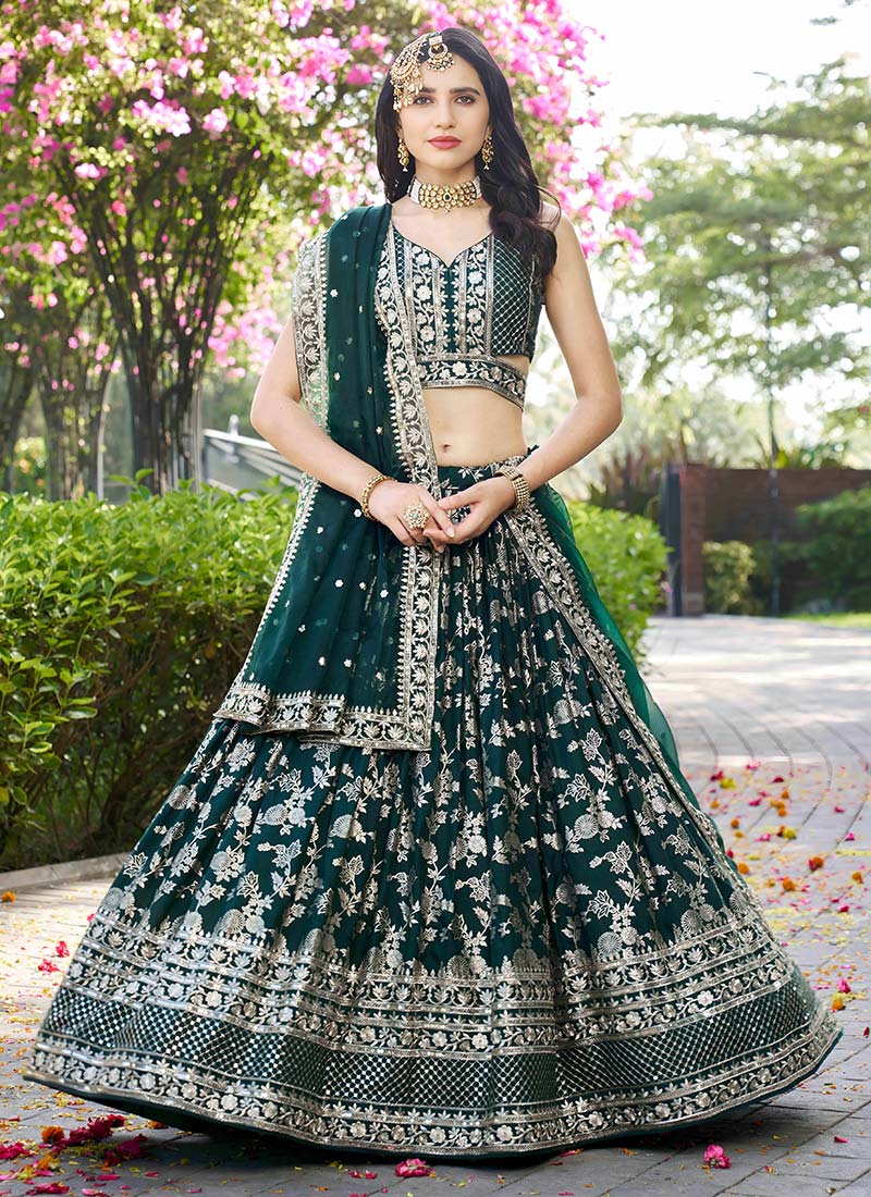 Green Dola Silk Jacquard Zari Embroidered Sequins Lehenga
