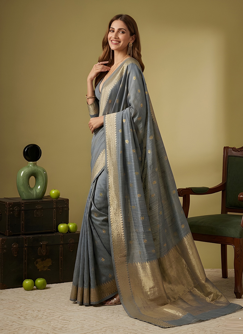 Grey  Linene Zari Woven Saree Festive Wear