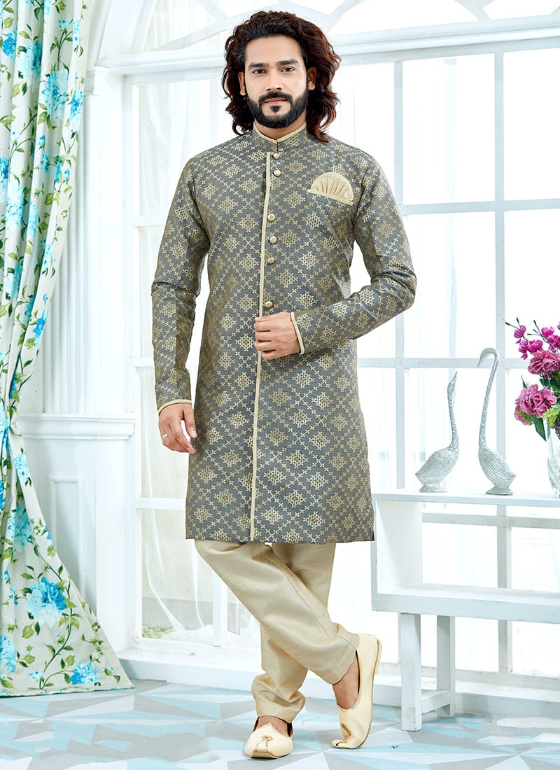 Grey Art Silk Achkan Sherwani Suit