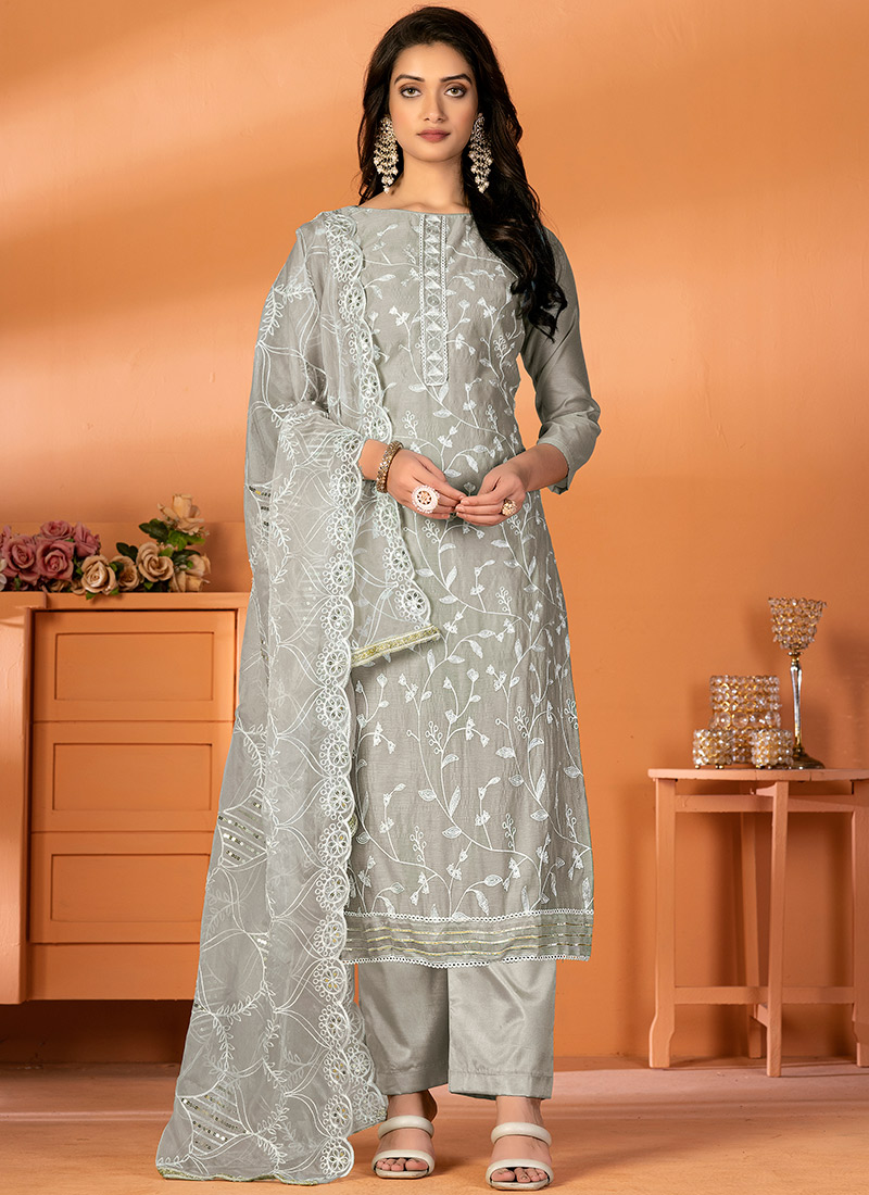 Grey Art Silk Cotton Embroidered Salwar Kameez SLSACW8446