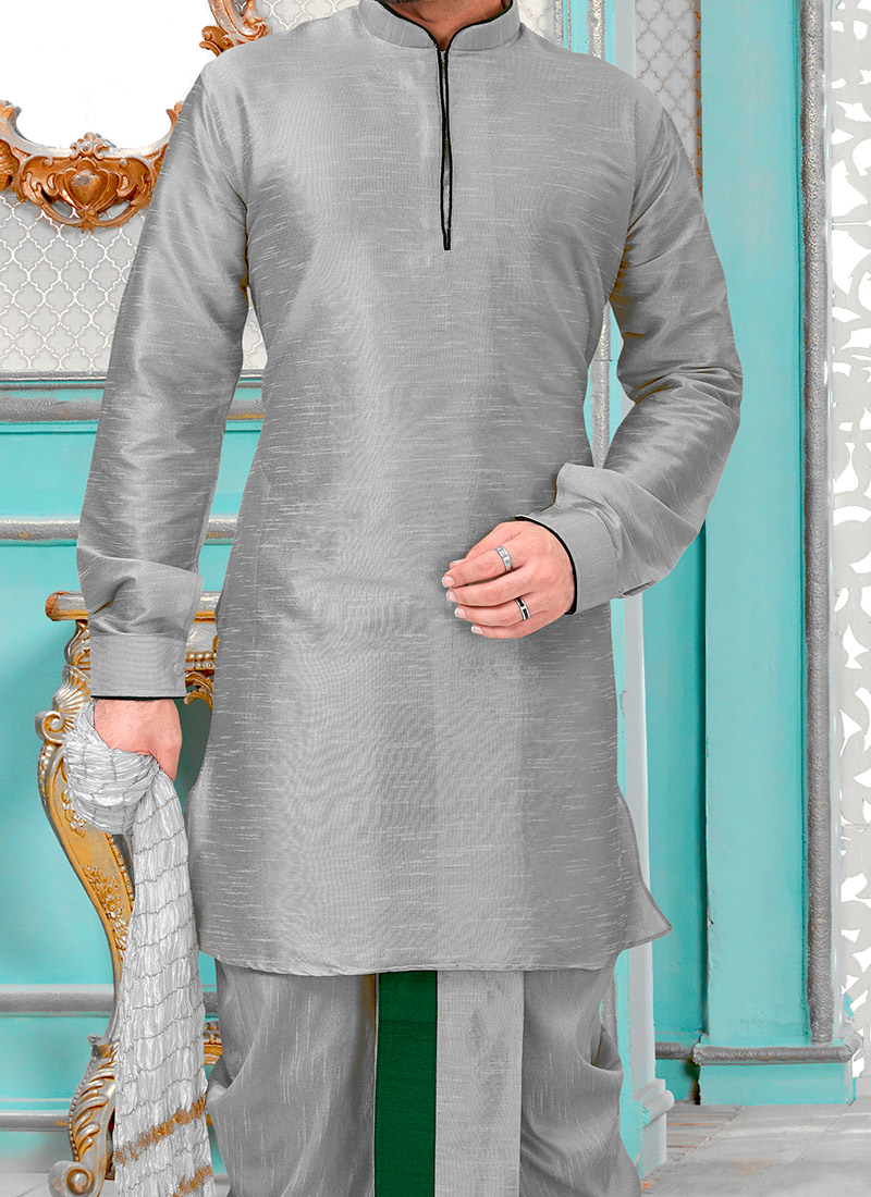 Black Kurta Dupion Silk Dhoti main image 1