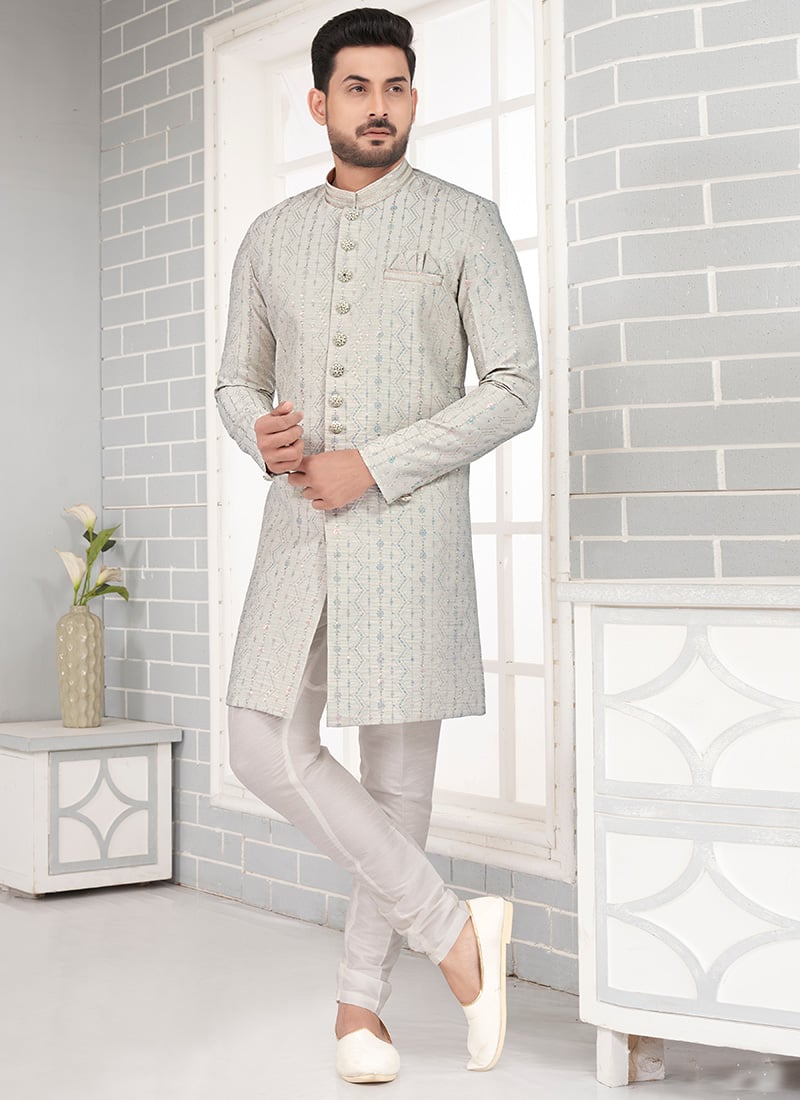 Grey Art Silk Embroiderd Indowestern Sherwani Party Wear