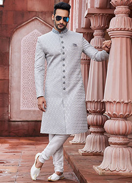 Grey Art Silk Embroidered Indowestern Sherwani