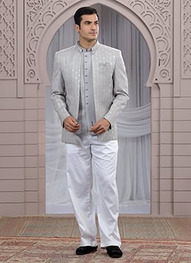 Grey Art Silk Embroidered Sequins Blazer