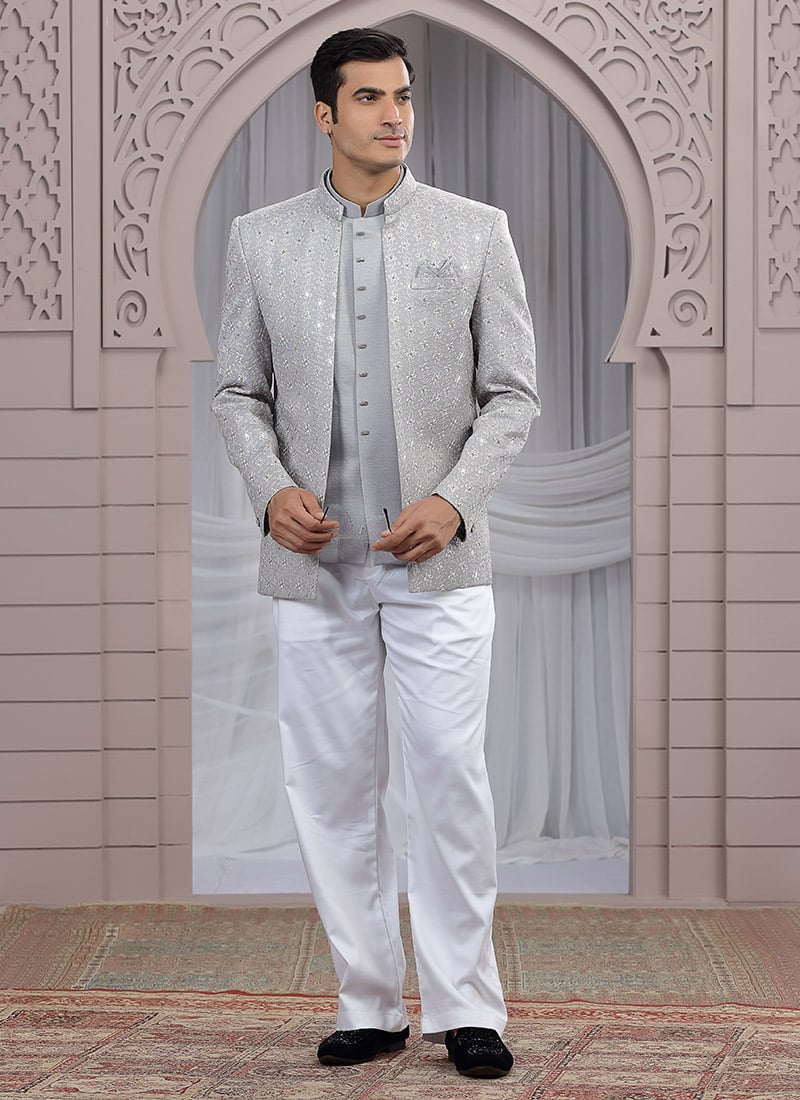 Grey Art Silk Embroidered Sequins Blazer