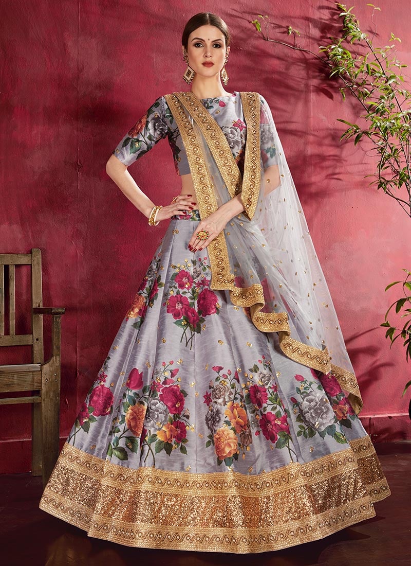 Grey Art Silk Embroidered Work Umbrella Lehenga Party Wear