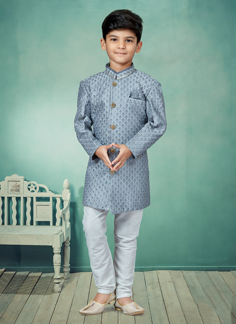 Grey Art Silk Embroidery Indowestern Sherwani