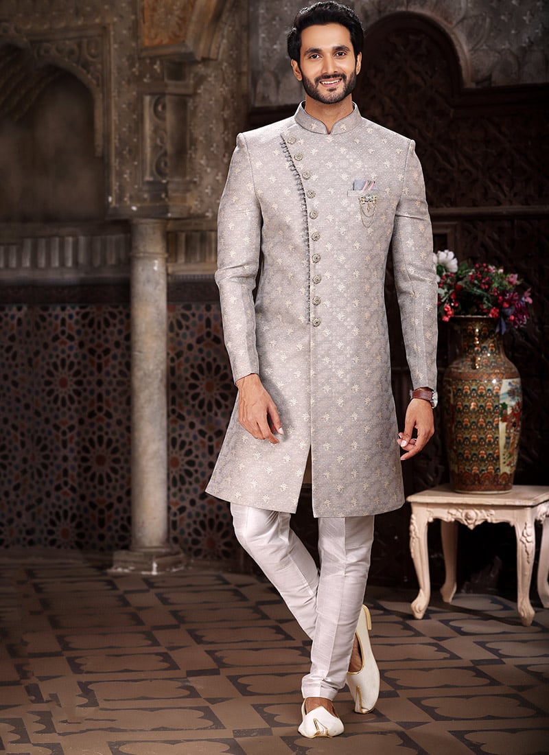 Grey Art Silk Jacquard Indowestern Sherwani Wedding Wear