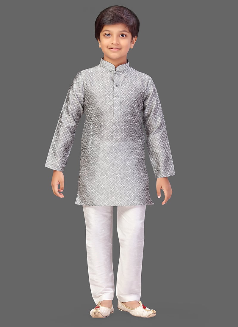 Grey Art Silk Jacquard kurta Pyjama Festive Wear