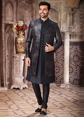 Grey Art Silk Printed Work Indowestern Sherwani
